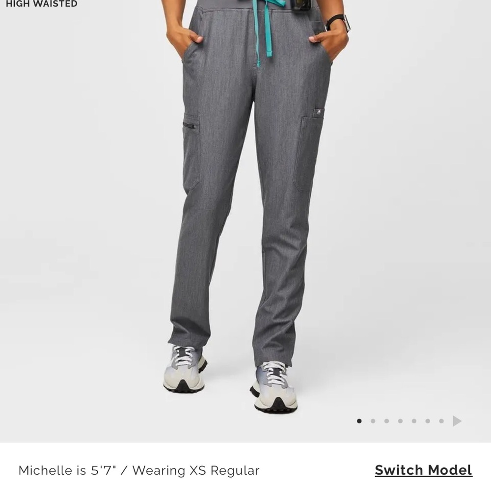 Figs Small/Tall High Waisted Gray Scrub Pants with Teal Drawstring